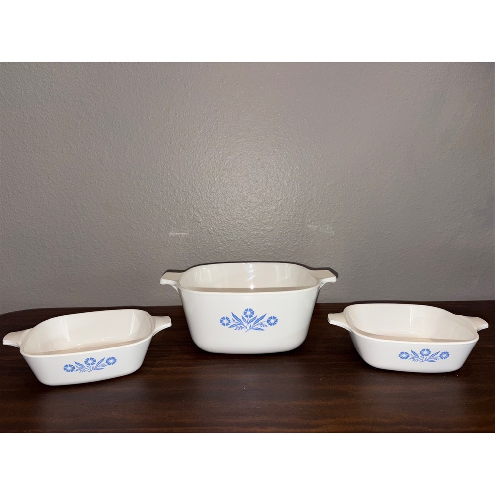 Vintage 60's Set Of 3 Corning Ware Blue Cornflower 2xP-41 & P-1 3/4-B/No Lids